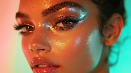 Close Up Portrait Woman Glittery Makeup