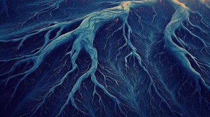 Abstract aerial view of intricate blue root-like patterns resembling a natural landscape