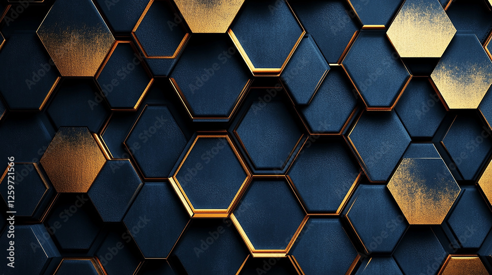 Wall mural abstract technology background with gold glowing hexagons. abstract blue background with hexagons an