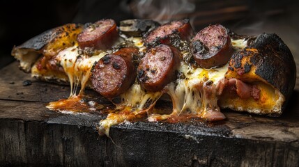 rustic wood-fired pizza slices, spicy sliced sausages, melted mozzarella cheese, crispy charred crust, aged wooden table surface, dramatic side lighting, distressed wood texture, authentic Italian