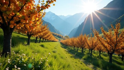 Fototapeta premium Sunlit apricot orchards cascade down Hunza Valley slopes, reflecting spring's arrival , travel, karakoram