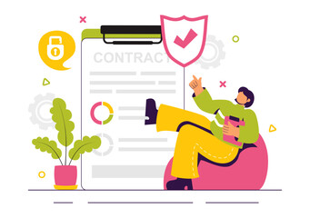 Obraz premium Smart Contract Vector Illustration featuring an Electronic Contract, Digital Document, and Online User Agreement with a Secure Digital Signature