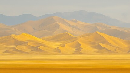 Golden sand dunes under a hazy sky, showcasing their undulating shapes and distant mountains