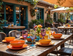 Outdoor Restaurant Table Setting with Colorful Dishes and Flowers