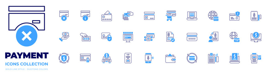 Payment icon collection. Bold line style. Duotone colors. credit card, pay, invoice, mobile payment, contactless, wallet, online payment