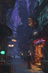 Obraz premium Cyberpunk Cityscape Alley At Night