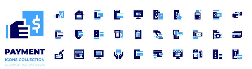 Payment icon collection. Bold style. Duotone colors. payment, online payment, pos terminal, credit card, atm, smartphone