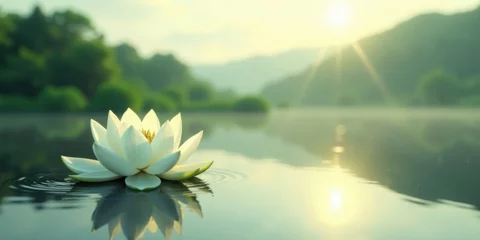 Tableau sur plexiglas Salle de bain Serene Water Lily Blossom at Sunrise on a Calm Lake, Reflecting the Peaceful Beauty of Nature  © Sumrit