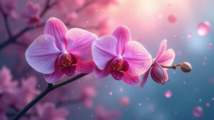 Naklejka premium Delicate Pink Orchids Blooming in Soft, Dreamy Light, Displaying Exquisite Petals and Vibrant Hues