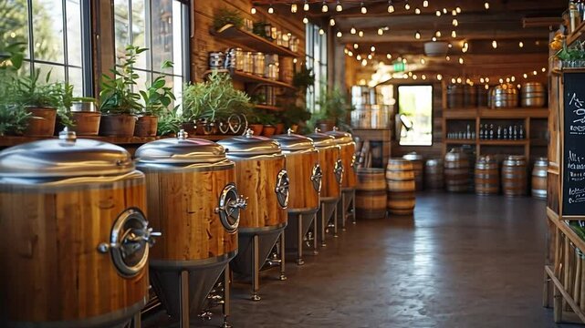 Craft Brewery Interior:  A rustic and inviting brewery interior features rows of stainless steel and wooden fermenting tanks, surrounded by rustic wooden barrels and shelves of bottles.