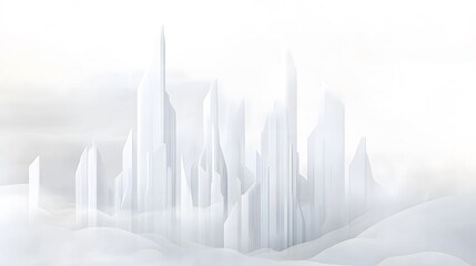Futuristic white city shrouded in mist or dense cloud cover