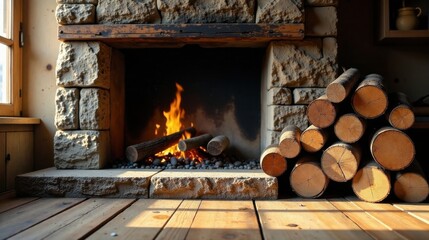 Warmth and comfort of a rustic stone fireplace with a crackling fire and a stack of firewood
