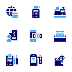 Payment icon set. Bold style. Duotone colors. earth grid, salary, payment terminal, phone, dataphone, cash register, credit card, wallet