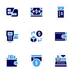 Payment icon set. Bold style. Duotone colors. exchange, card payment, cash, credit card, point of service, bill, cash register, wallet