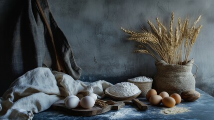 Obraz premium Rustic baking scene, farm fresh eggs, traditional wooden tools, organic flour bags, golden wheat stalks, textured blue-gray surface, soft natural lighting, minimalist food styling, wide format capture