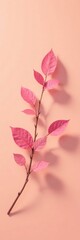 Obraz premium Pink Branch with Delicate Leaves on Soft Peach Background, a Study in Minimalist Botanical Elegance
