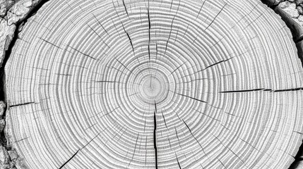Obraz premium Detailed Cross-Section of a Tree Trunk Showcasing Rings and Natural Texture in Black and White