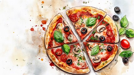 watercolor illustration of sliced pizza, fresh mushrooms, cherry tomatoes, black olives, basil leaves, artistic splatter texture, hand-drawn style, organic ingredients scattered, culinary