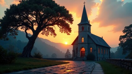Naklejka premium Serene Sunset Illuminates Stone Chapel Nestled Amongst Majestic Trees and Rolling Hills