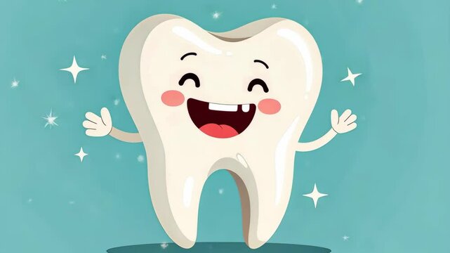 A cartoon tooth is smiling and has a star on it. The tooth is white and has a blue background