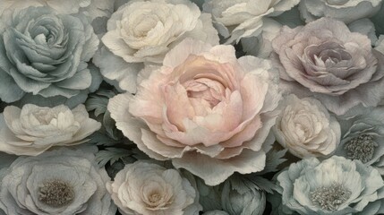 Delicate Arrangement of Soft Pastel Roses in Various Shades Creating a Serene Floral Background