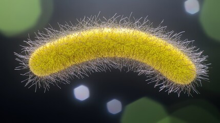 Fototapeta premium Close-up of a Vibrant Yellow Bacteria Cell Enveloped in Fine Hairlike Structures Under Microscope