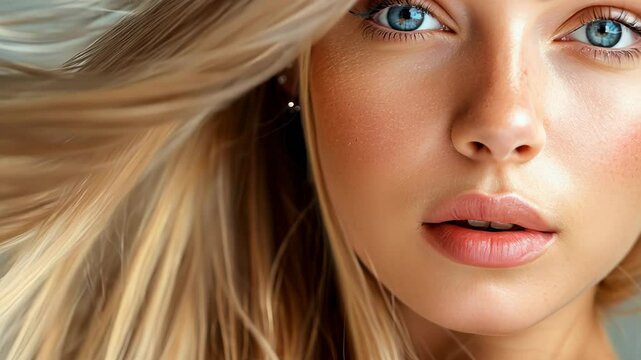 Close-up Portrait of a Beautiful Woman with Blonde Hair and Blue Eyes