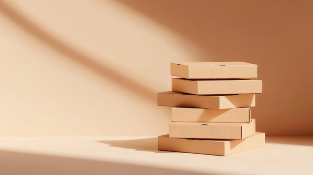 3D rendering of stacked pizza boxes, kraft paper texture, minimalist product mockup, soft peach background, clean shadows, geometric composition, studio lighting, product photography style