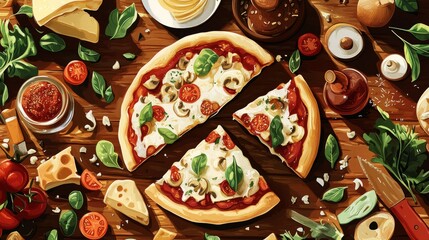 deconstructed pizza art, scattered culinary ingredients, warm color palette, melted cheese texture, fresh vegetable elements, modern food illustration, organized ingredient layout