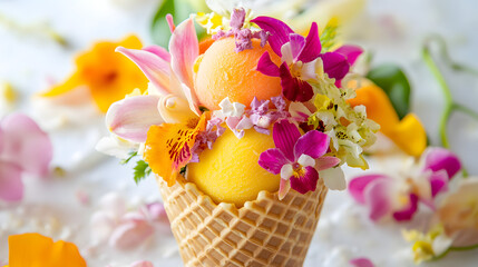 A waffle cone holds two scoops of brightly colored sorbet, one yellow and one orange, and is decorated with an array of vibrant flowers, all resting on a white, textured surface.