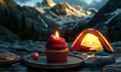 Campsite cupcake birthday celebration, mountains background