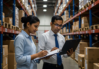 Two workers in a warehouse review documents and laptop, ensuring inventory accuracy.