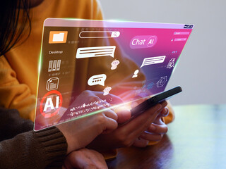 Chat Bot Chat with AI or Artificial Intelligence technology. Woman using phone chatting with an...