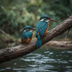 A pair of kingfishers perched on a branch over a shimmering river.