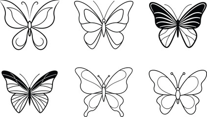 Obraz premium Six Elegant Butterfly Line Art Designs, Ink Drawings, Nature
