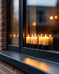 Menorah illuminated with all candles lit, placed on a windowsill during Hanukkah, soft glow,