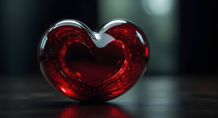 A red glass heart displayed on a table, reflecting shades of deep red and black in its surface. 