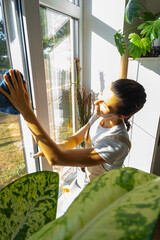 Woman in apron manually washes the window of house with rag cleaner and mop inside the interior with home plants on windowsill. Restoring order and cleanliness in the spring, cleaning servise