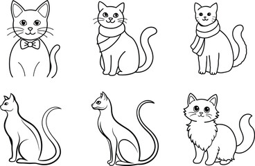 Adorable Cartoon Cats Six Line Art Feline Illustrations