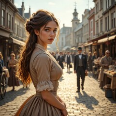 Fototapeta premium Woman in vintage gown on cobblestone street