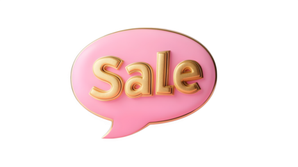 3D render of an isolated pink speech bubble with "Sale" in golden text on a light pastel background, high-resolution photography.