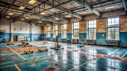 Abandoned Industrial Gymnasium  Rusting Exercise Equipment and Weathered Walls Reflect a Bygone Era of Physical Training