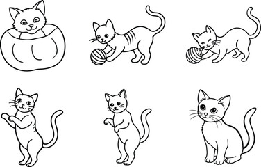Adorable Kittens Playing, Sitting, and Relaxing in Simple Line Art