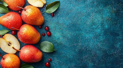 Ripe pears, cranberries, leaves on teal background; autumn harvest, food blog