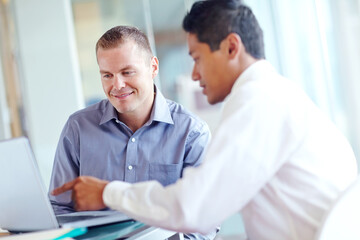 Obraz premium Business, laptop and team meeting for human resources in office, review candidates and applications. Men, discussion and collaboration with hiring recruitment process, online and advice for decision