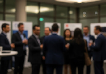 Blurred Business Networking Event: Professionals Discussing and Collaborating in Modern Office Space