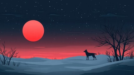 Obraz premium Lone wolf silhouetted against red moonlit winter landscape, starry night background; ideal for fantasy, adventure, or nature themes