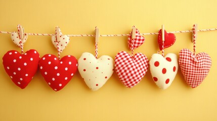 Colorful Decorative Fabric Hearts Hanging on a String Against a Yellow Background