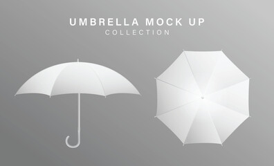 White 3d isolated blank umbrella mockup vector. Realistic parasol with handle mock up for branding and advertising set. Rain weather season fashion. Various waterproof open object front and top view © kingkai