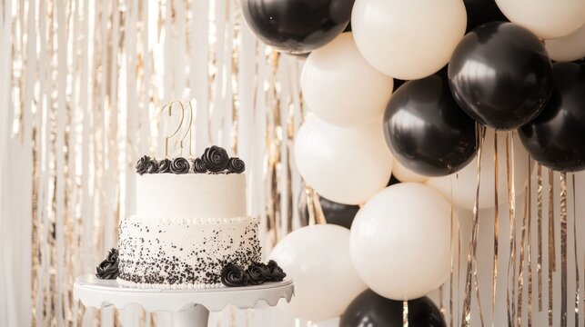 Elegant 21st Birthday Celebration with Cake Balloons and Sparkling Backdrop